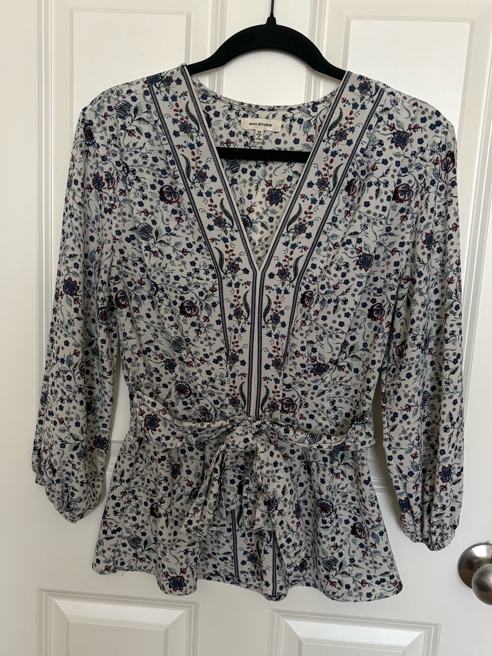 Max Studio Cream Floral Tie-Waist Peplum Blouse with Blue Print